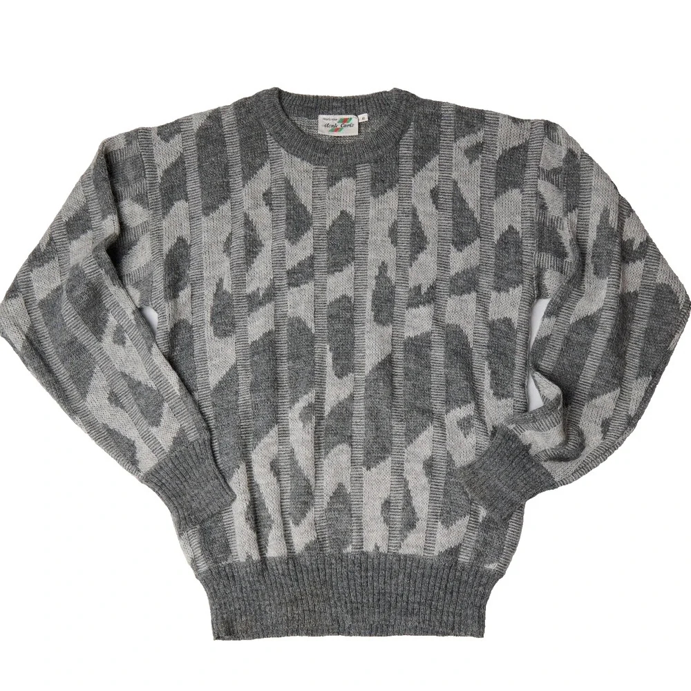 Vtg Monte Carlo Grandpa Sweater Men’s M Gray Geometric 3D Ribbed tight Knit
